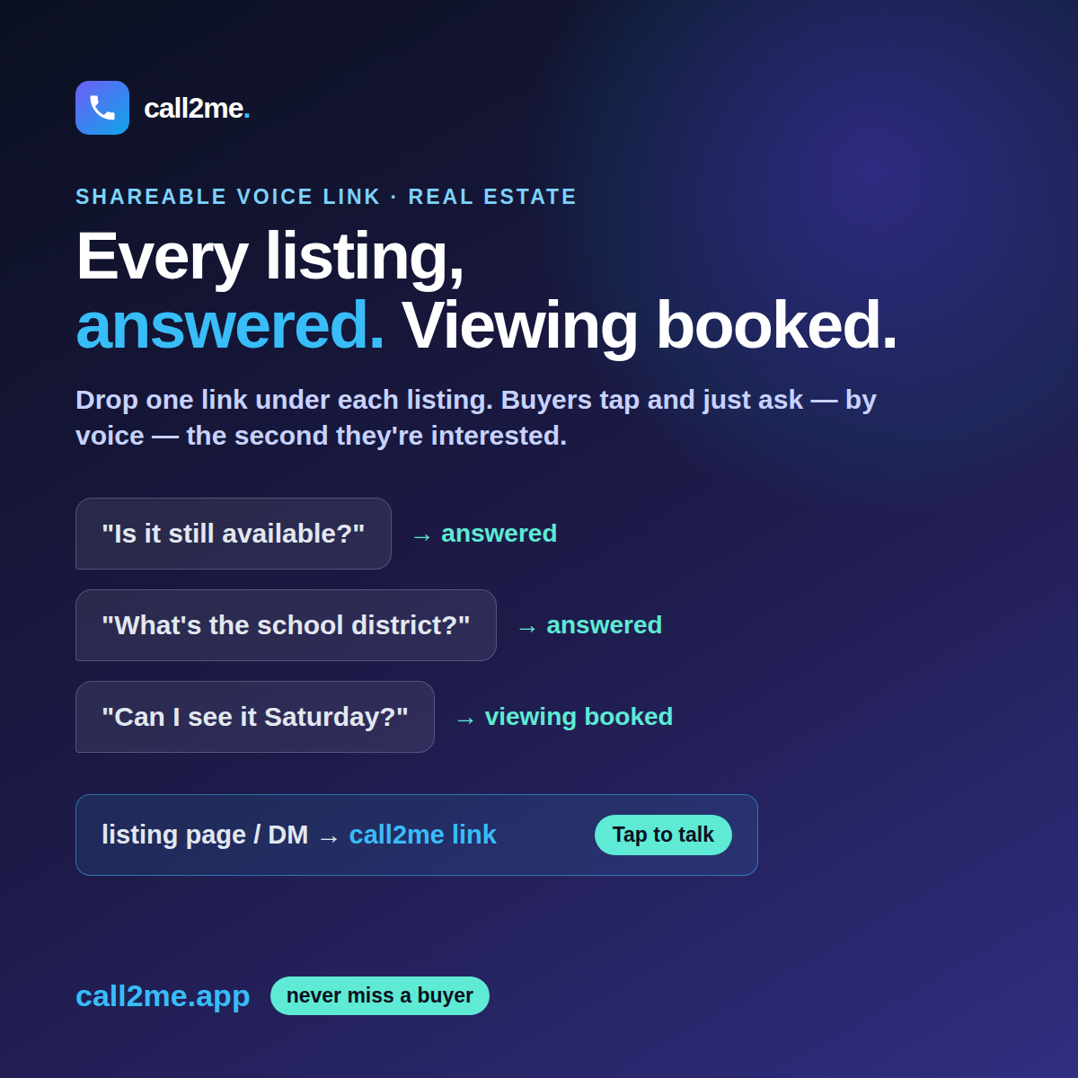 A buyer using a voice link under a property listing to ask questions and book a viewing