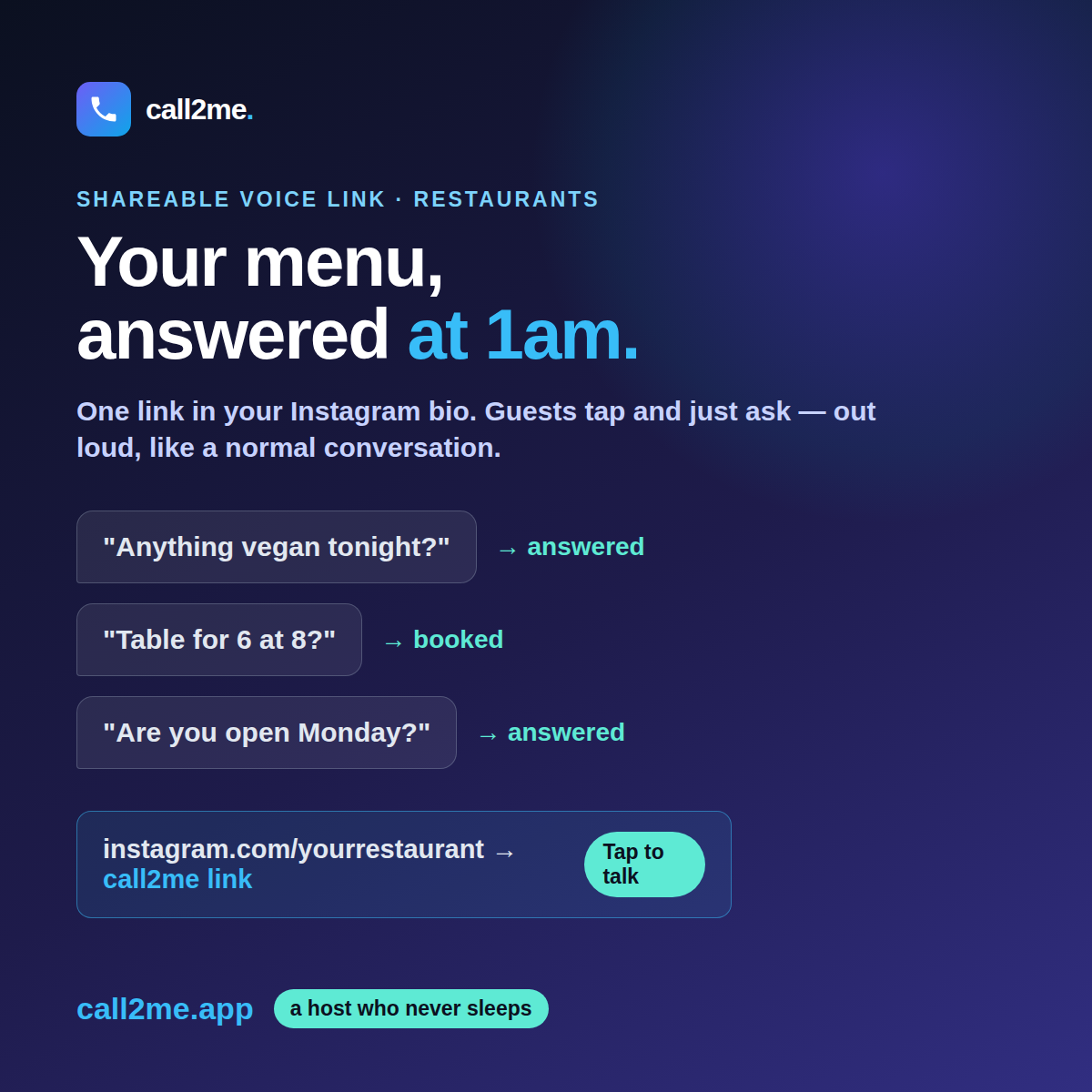Late-night customer asking a restaurant's AI voice link about the menu and a table