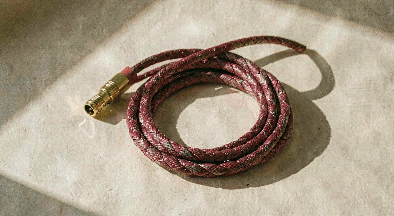 A coiled braided telephone cord with a brass connector